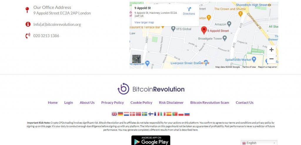 Supposée adresse de la fausse société Bitcoin Revolution sur Bitcoinrevolution.org