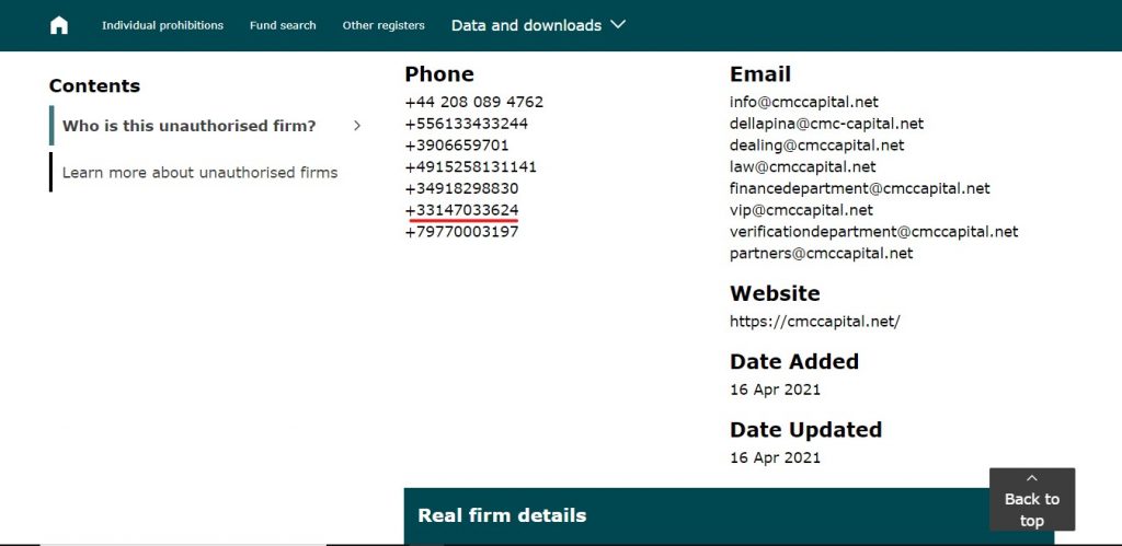 L’un des numéros de téléphone qu’indique la FCA est utilisé par le site Cmccapital.net. Preuve de l’arnaque.