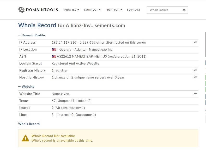Voici ce qu’affiche le Whois de Allianz-investissements.com. Tout est vraiment sombre !
