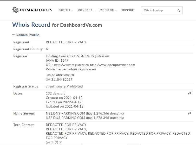 Le WHOIS du faux site d’investissement Dashboardvs.com.