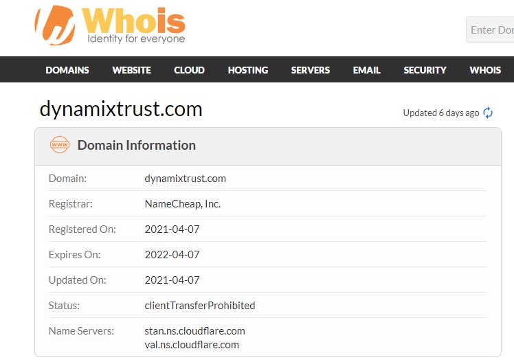 Dynamixtrust.com est un site créé en 2021, et pas en 2018 comme le prétendent ses créateurs.