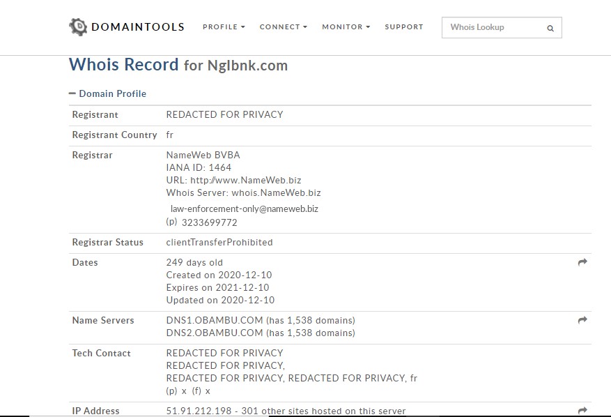 Le troublant WHOIS de Ngibnk.com ne laisse pas de place au doute : le site est piloté par des arnaqueurs.