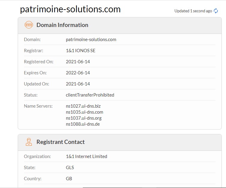 Le WHOIS du site Patrimoine-solutions.com.
