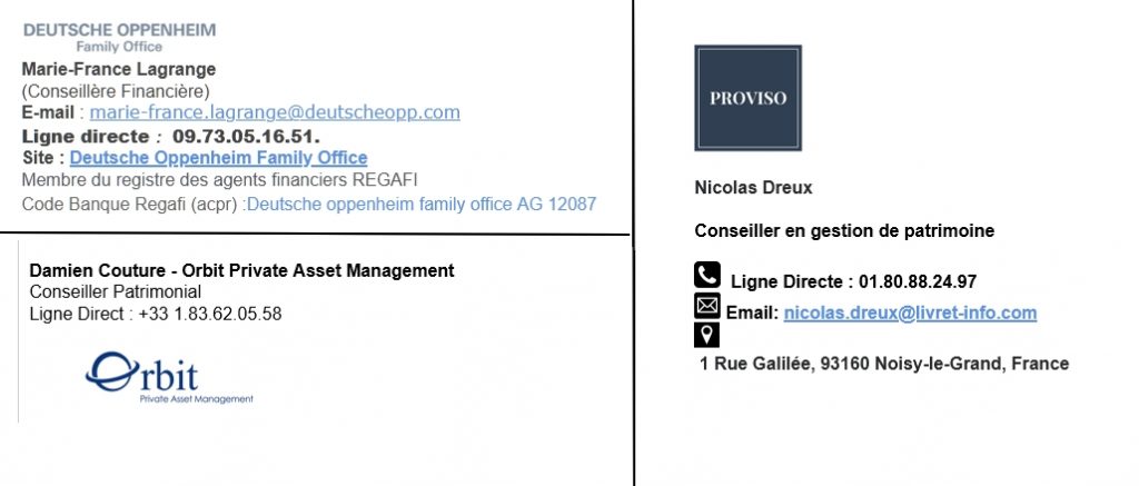 Différentes signatures utilisées au bas des mails envoyés par de faux conseillers d'Orbit, Proviso ou Deutscheopp