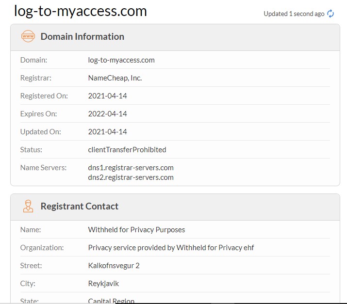 Capture d’écran du WHOIS anonyme de Cme.log-to-myaccess.com.