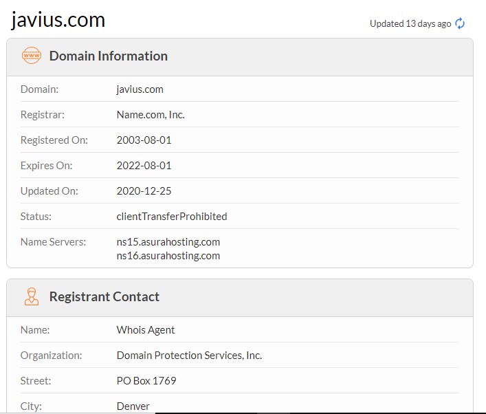 Le WHOIS de Javius.com est anonyme, même si la date de création de la plateforme est, elle, confirmée.