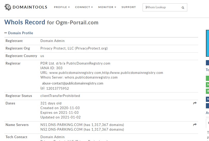 Ogm-portail.com n’a pas encore un an et son WHOIS est anonyme.
