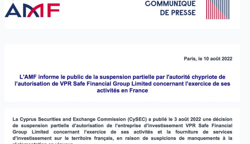 VPR Safe Financial Groupe Cysec AMF