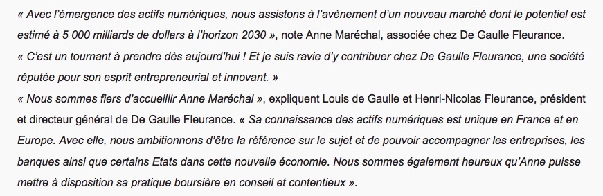 Extrait de réactions à l'arrivée d'Anne Maréchal au cabinet De Gaulle Fleurance