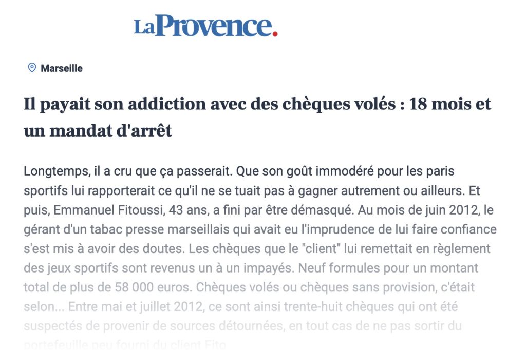 Emmanuel fitoussi cheques voles addiction jeux d'argent