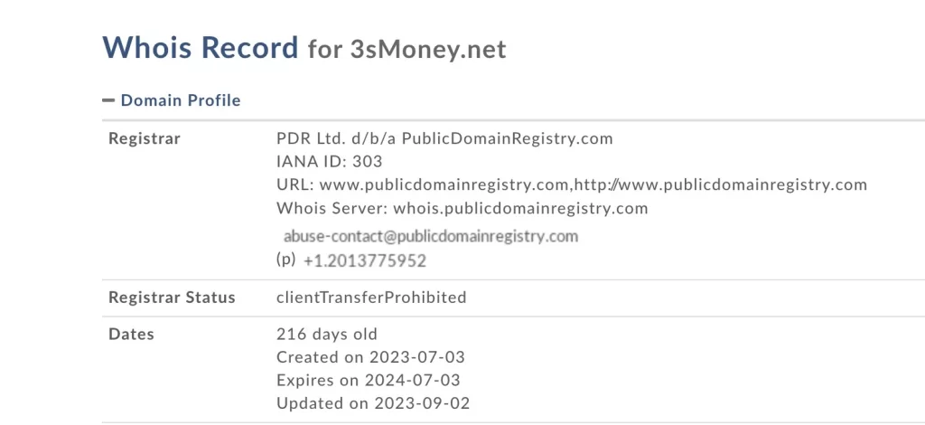 3smoney.net whois
