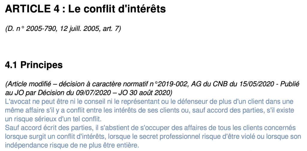 code de déontologie avocat conflit ijntéret article 4