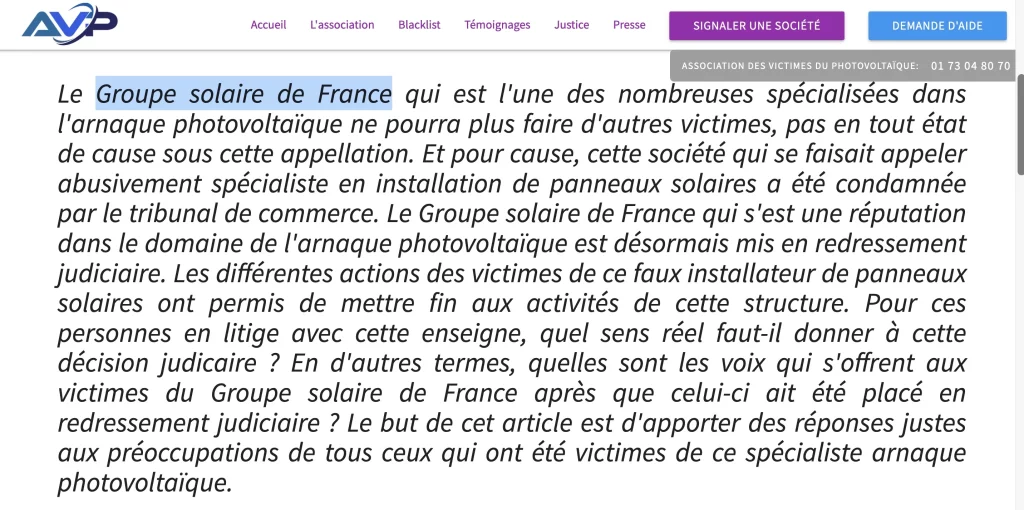 Groupe solaire de France" a fait de nombreuses victimes, regroupées au sein de l'Association des Victimes du Photovoltaïque.