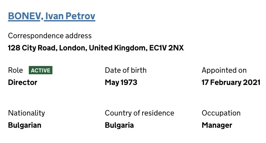 Extrait du regsitre du commerce anglais qui mentionne Ivan Petrov Bonev comme directeur de traderschool.academy.