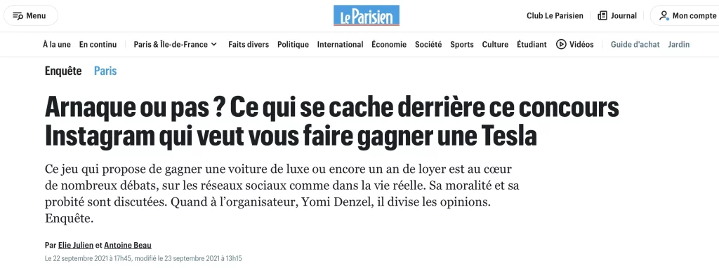 Le Parisien jeu concours tesla Yomi Denzel