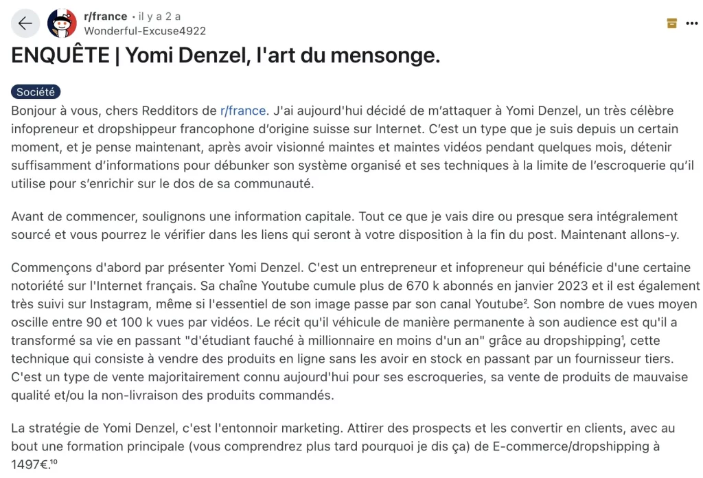 Post Reddit dénonçant Yomi Denzel.