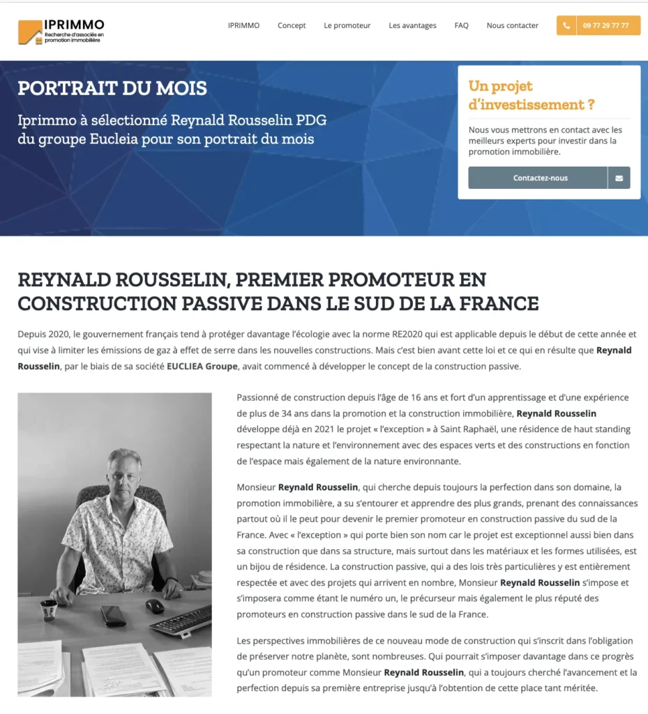 Article de promotion de Reynald Rousselin paru sur Iprimmo.com